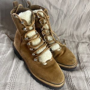 Marc Fischer LTD Izzie genuine shearling and suede lug sole boot in cognac
